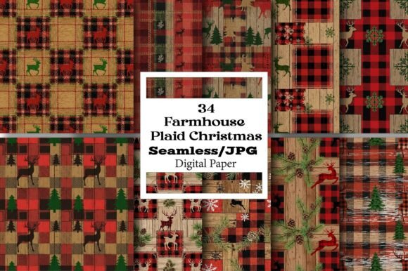 Download Farmhouse Plaid Christmas Digital Papers - Digital paper Collection