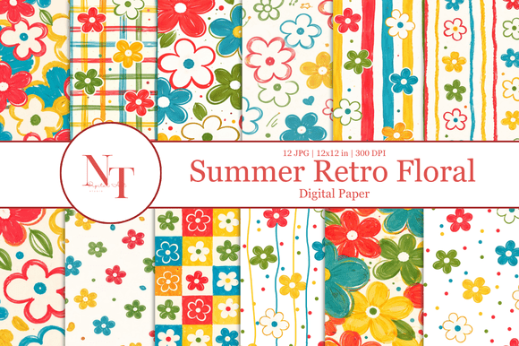 Download Summer Retro Floral Digital Paper - Digital paper Collection