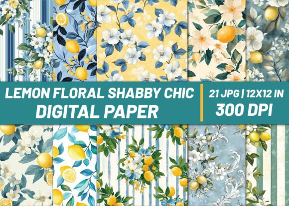 Download Lemon Floral Shabby Chic Digital Paper - Digital paper Collection