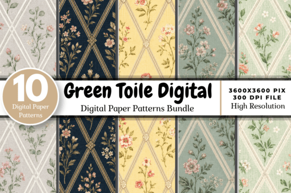 Download Green Toile Digital Paper Pack Bundle - Digital paper Collection