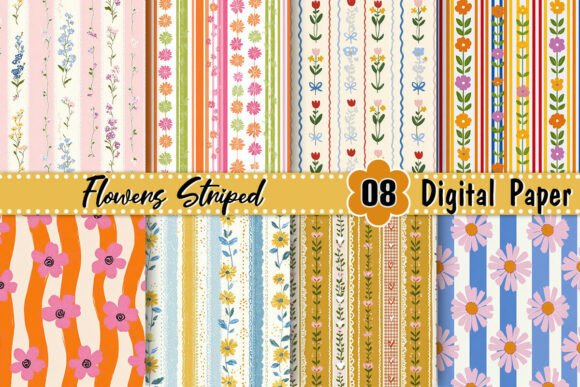 Download Flowers Striped Digital Paper - Digital paper Collection