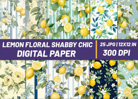 Download Lemon Floral Shabby Chic Digital Paper - Digital paper Collection