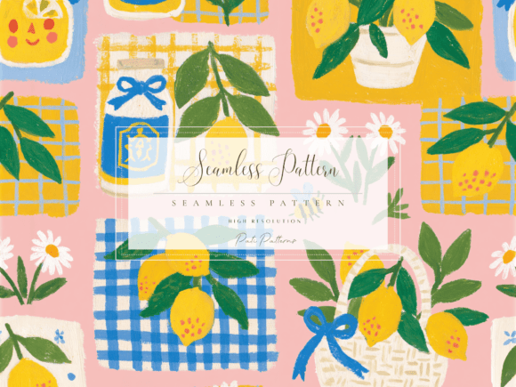 Download Seamless Lemon Orchard Pattern PNG with Daisies and Bees - Lemon Collection