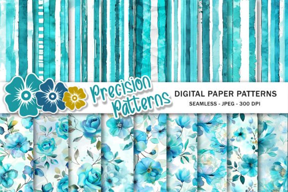 Download Aquamarine Floral Striped Digital Paper - Digital paper Collection