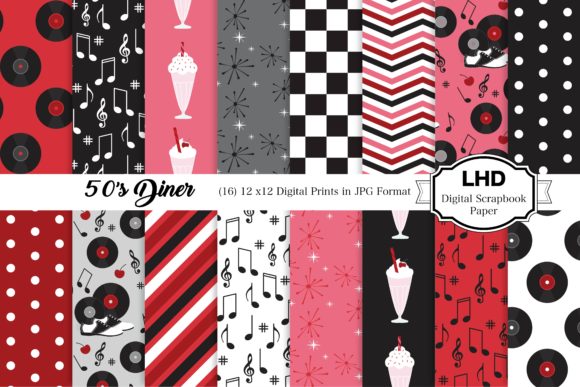 Download 50's Diner Black &amp; Red Digital Papers - Digital paper Collection