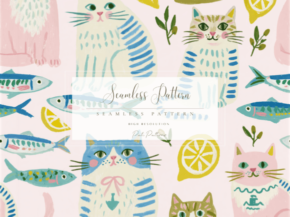 Download Cute Pastel Cat Seamless Pattern with Fish and Lemons - Lemon Collection