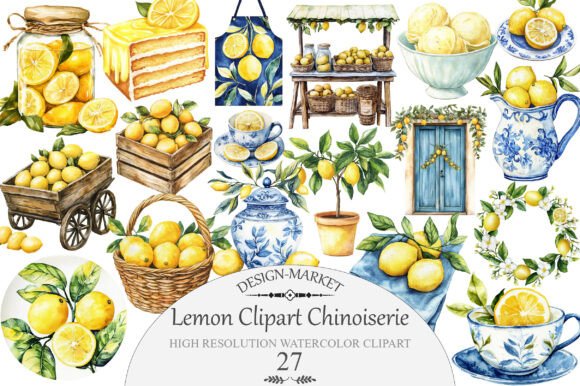 Download Watercolor Lemon Clipart Chinoiserie - Lemon Collection